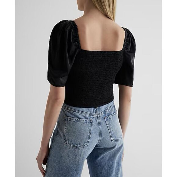 Express Women's Satin Top Size XS Black V-Bar Puff Sleeve Ruched Pleated NWT $58 - Picture 3 of 16